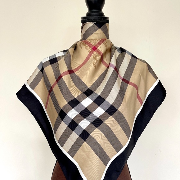 New Burberry Scarf Beige Check Black Border Silk Wrap - Picture 12 of 12